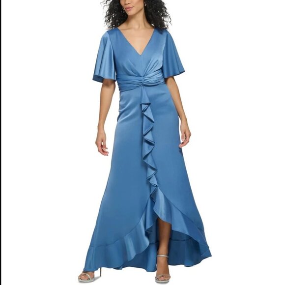 DKNY Womens Blue Satin Flutter Sleeves Evening Dress Gown 6 BHFO 5790 -  threedaughtersproperties.com